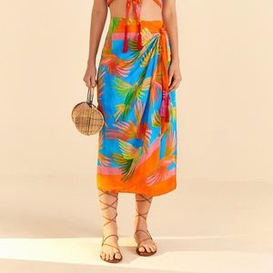 Farm Rio Painted Birds Scarf MIDI skirt size M NWT Resort wear